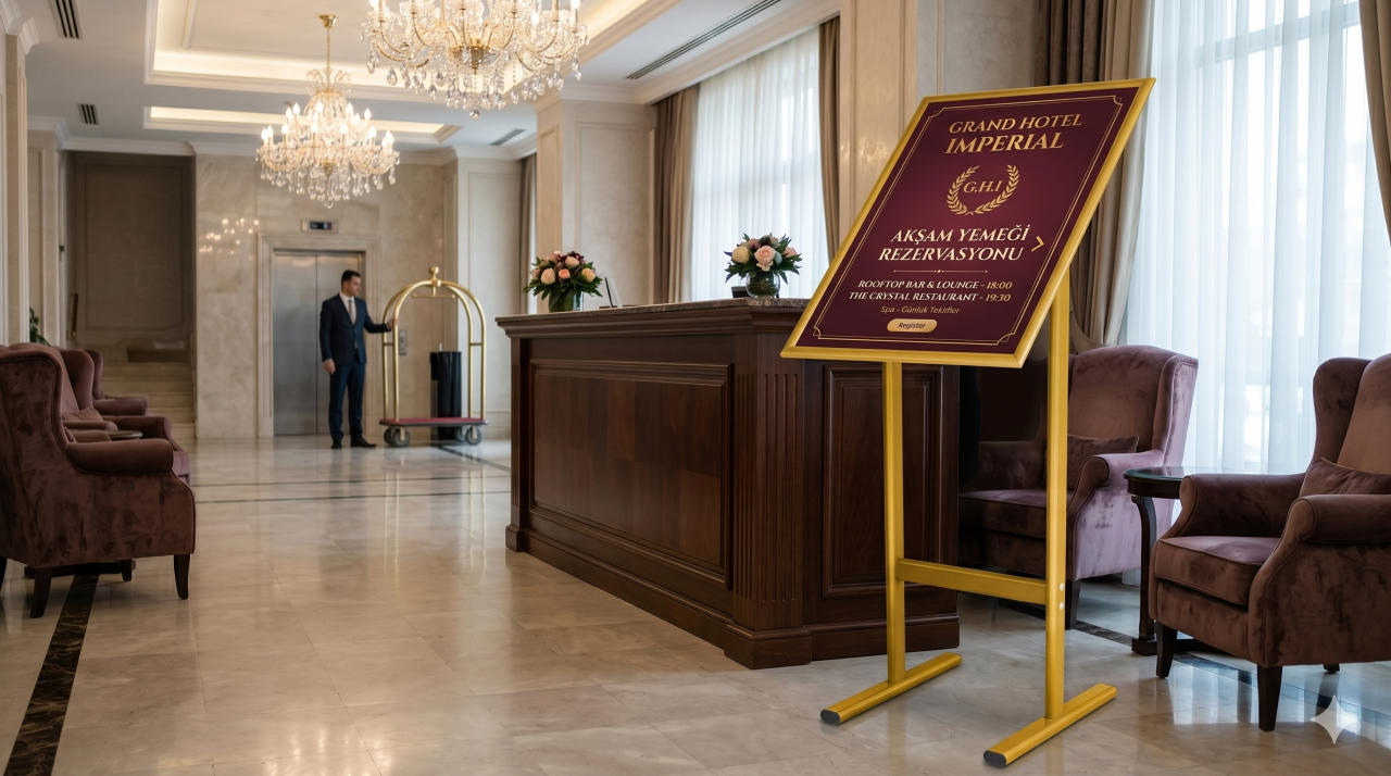 Gold Renk Çift T Ayaklı Menü Panosu (Dikey) ile İşletmenize Prestij Katın
