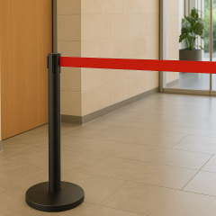 Siyah Paslanmaz Şerit Bariyer Direği – 3 m Uzatılabilir Şerit, İç Mekan Protokol Çözümü