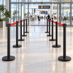 Siyah Paslanmaz Şerit Bariyer Direği – 3 m Uzatılabilir Şerit, İç Mekan Protokol Çözümü