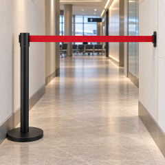Siyah Paslanmaz Şerit Bariyer Direği – 3 m Uzatılabilir Şerit, İç Mekan Protokol Çözümü