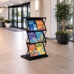 Siyah Renk Metal Katalog Standı - Ayaklı 3 Katlı Broşür Standı