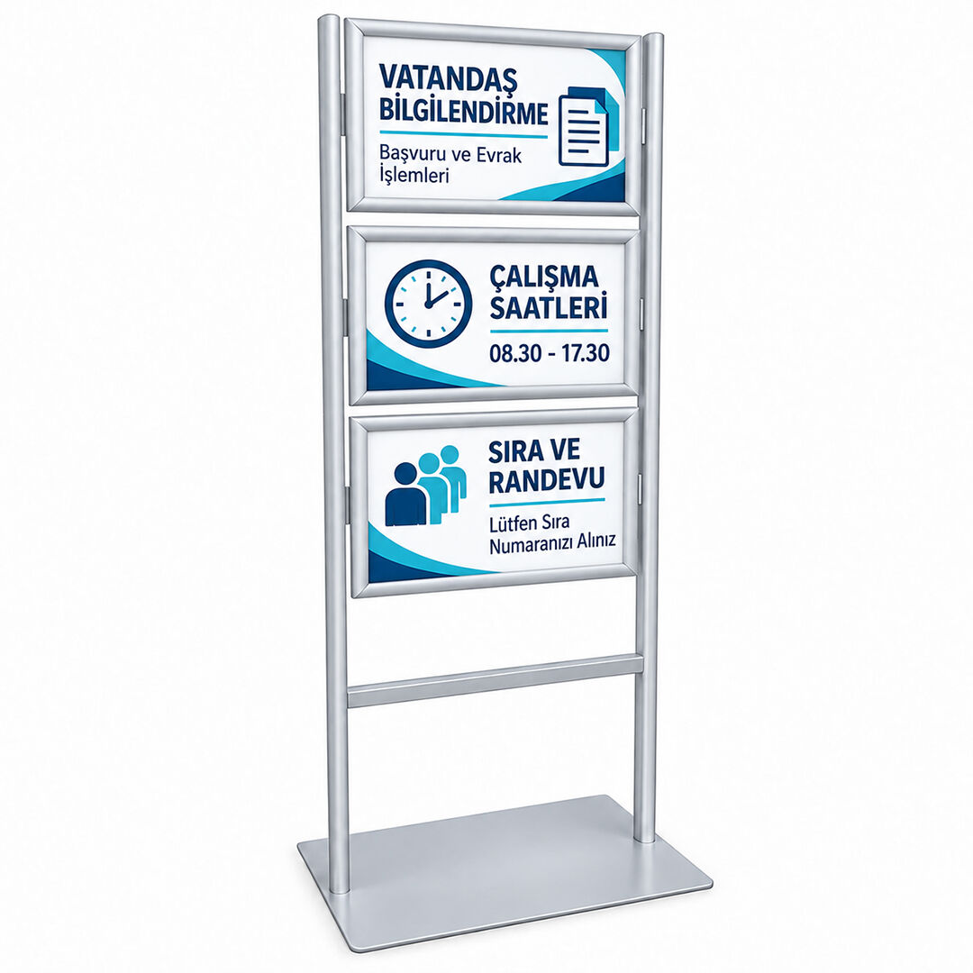 3 Katlı Sac Taban İnfo Reklam Panosu - Eloksal Alüminyum Poster Standı