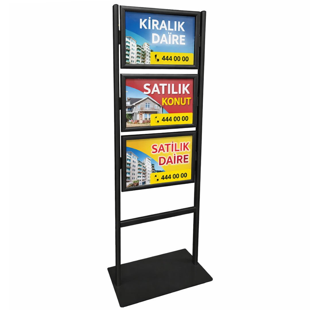 3 Katlı Sac Taban İnfo Reklam Panosu - Siyah Alüminyum Poster Standı