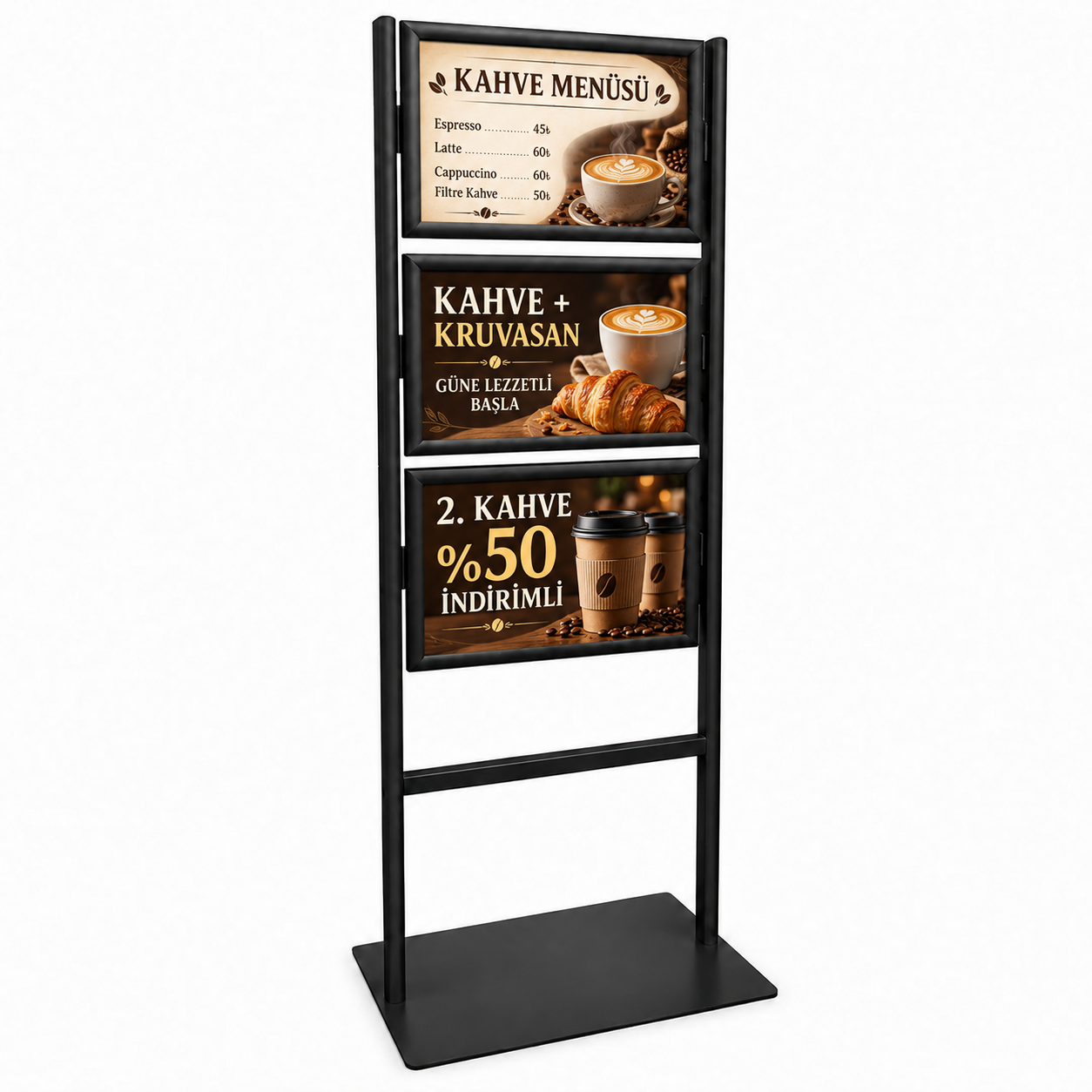 3 Katlı Sac Taban İnfo Reklam Panosu - Siyah Alüminyum Poster Standı