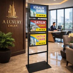 3 Katlı Sac Taban İnfo Reklam Panosu - Siyah Alüminyum Poster Standı