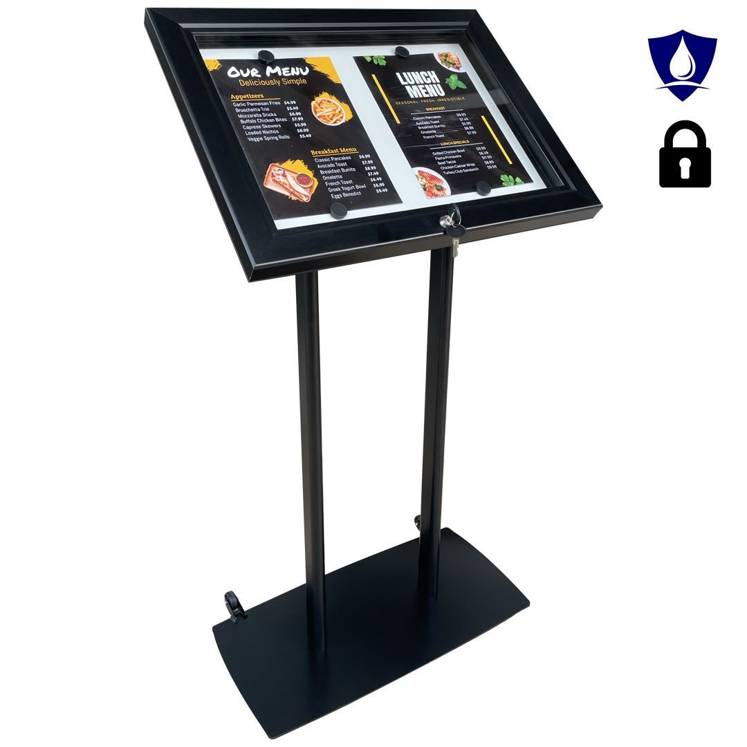 2xA4 Kilitli Restoran Menü ve Bilgi Panosu Kilitli Su Geçirmez İç ve Dış Mekan Tekerlekli