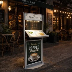 Eloksal (Gri) Işıklı Restoran Menü Standı | Alüminyum Çift Taraflı Menü Panosu ve Restoran Karşılama Standı