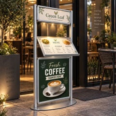 Eloksal (Gri) Işıklı Restoran Menü Standı | Alüminyum Çift Taraflı Menü Panosu ve Restoran Karşılama Standı