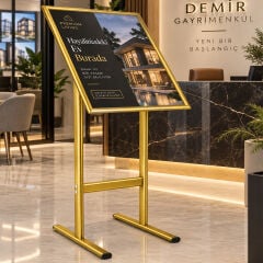 Gold Renk Çift T Ayaklı Reklam ve Menü Panosu (Dikey)