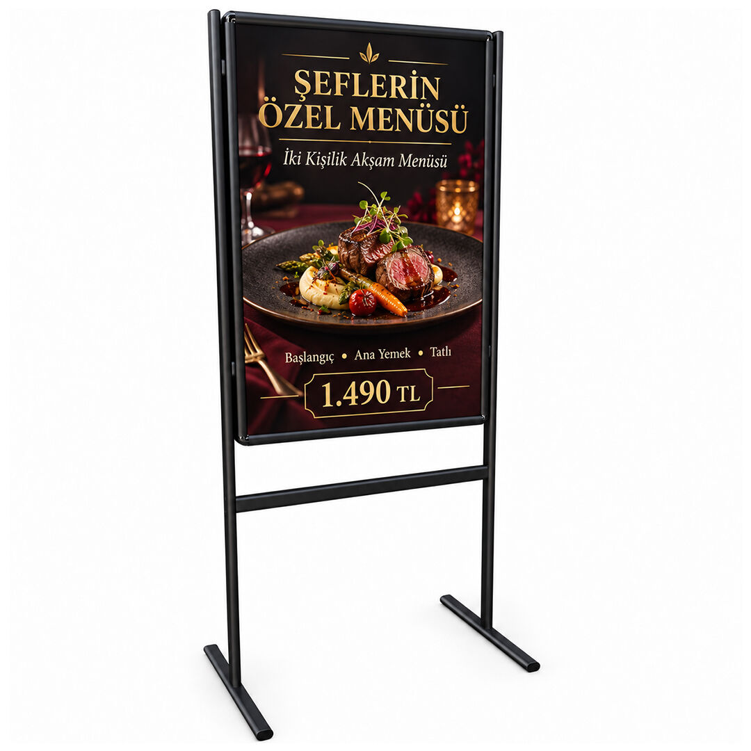 Siyah Alüminyum Ayaklı Poster ve Reklam Panosu – Açılır Kapak (İnfo Pano)