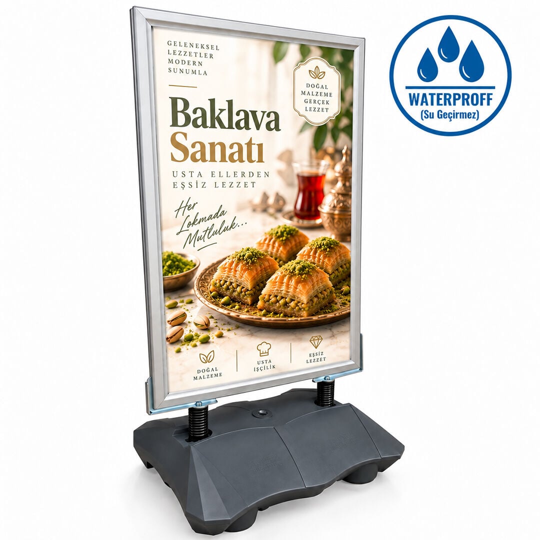 Gri Renk Helezon Su Tanklı Reklam ve Kaldırım Panosu Kapı Önü Yaylı Pano